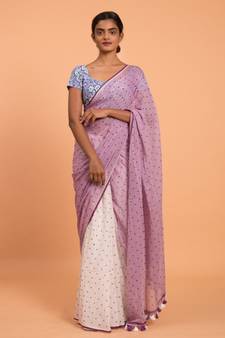 Suta White & Lavender Polka Dots Printed Pure Cotton Saree
