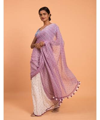 Suta White & Lavender Polka Dots Printed Pure Cotton Saree 2