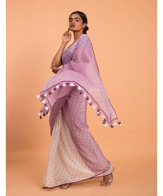 Suta White & Lavender Polka Dots Printed Pure Cotton Saree 4