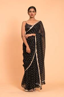 Suta Black & White Polka Dots Printed Pure Cotton Saree With Zari Border