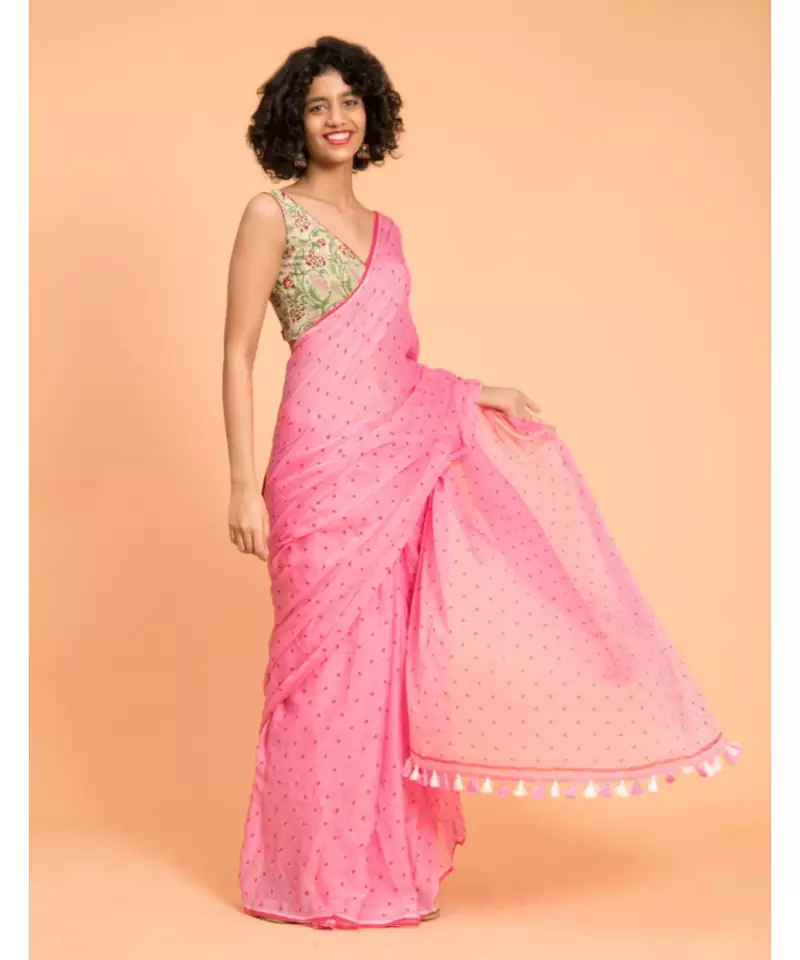 Suta Pink Polka dots Printed Pure Cotton Saree