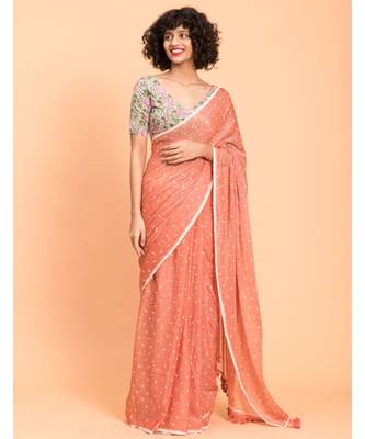 Suta Peach White Polka Dots Printed Pure Cotton Saree 1