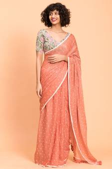 Suta Peach White Polka Dots Printed Pure Cotton Saree