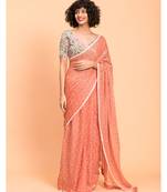 Suta Peach White Polka Dots Printed Pure Cotton Saree