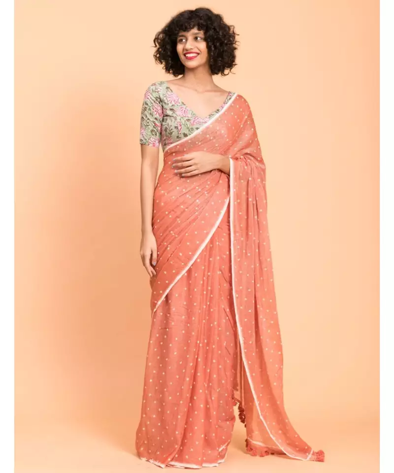 Suta Peach White Polka Dots Printed Pure Cotton Saree