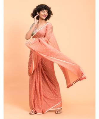 Suta Peach White Polka Dots Printed Pure Cotton Saree 2