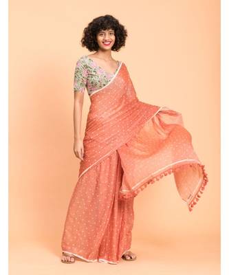 Suta Peach White Polka Dots Printed Pure Cotton Saree 3