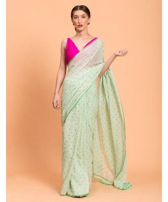 Suta Women Green Pure Cotton Polka Dots Printed Saree 1