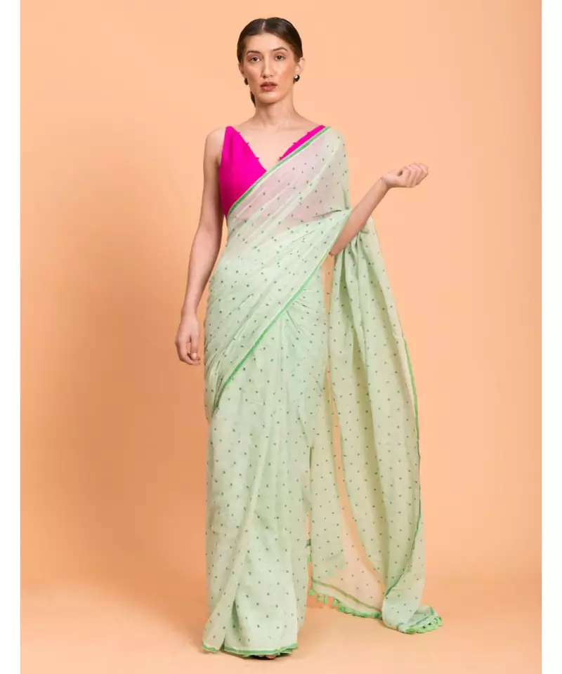Suta Women Green Pure Cotton Polka Dots Printed Saree