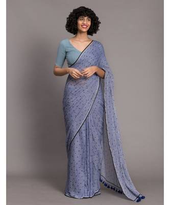 Suta Blue & Black Pure Cotton Polka Dot Printed Saree 1
