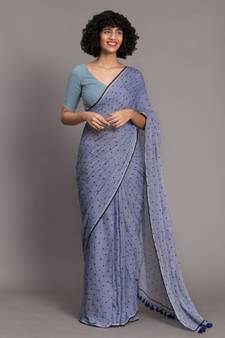 Suta Blue & Black Pure Cotton Polka Dot Printed Saree