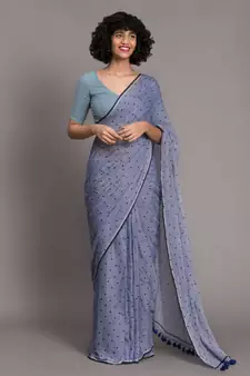 Suta Blue & Black Pure Cotton Polka Dot Printed Saree