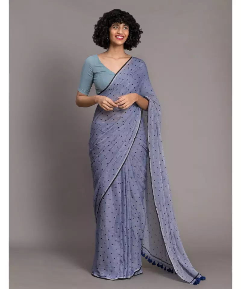Suta Blue & Black Pure Cotton Polka Dot Printed Saree