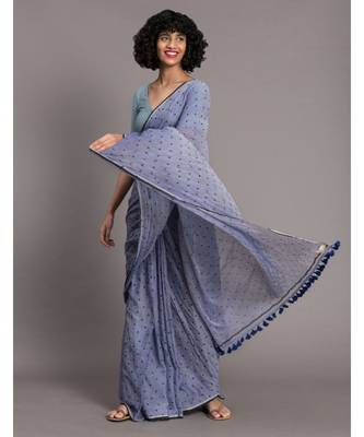 Suta Blue & Black Pure Cotton Polka Dot Printed Saree 3