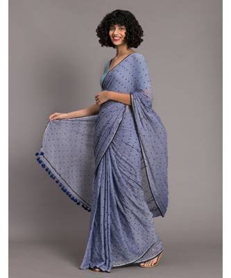 Suta Blue & Black Pure Cotton Polka Dot Printed Saree 4