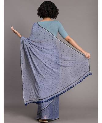 Suta Blue & Black Pure Cotton Polka Dot Printed Saree 5