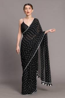 Suta Black White Polka Dots Printed Pure Cotton Saree