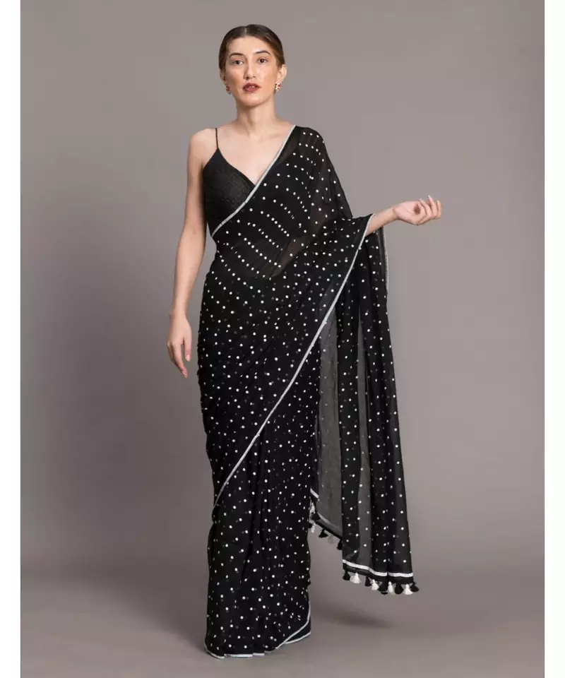 Suta Black White Polka Dots Printed Pure Cotton Saree