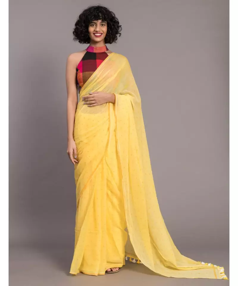 Yellow & Mustard polka dots Printed Pure Cotton Saree