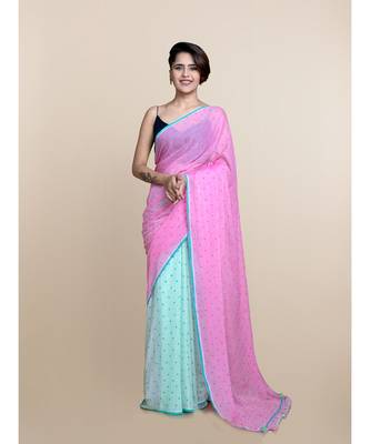 Pink And Mint Polka Dots Pure Cotton Saree 1