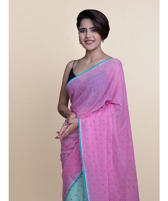 Pink And Mint Polka Dots Pure Cotton Saree 2