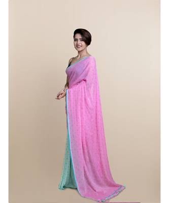 Pink And Mint Polka Dots Pure Cotton Saree 3