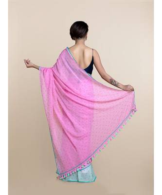 Pink And Mint Polka Dots Pure Cotton Saree 4