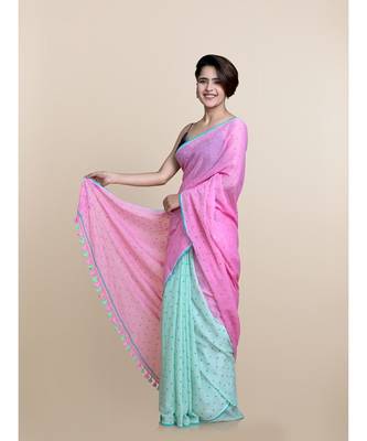Pink And Mint Polka Dots Pure Cotton Saree 5
