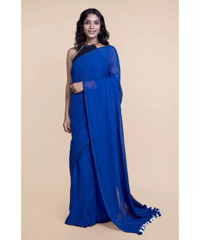 Blue  Polka Dots Pure Cotton Saree