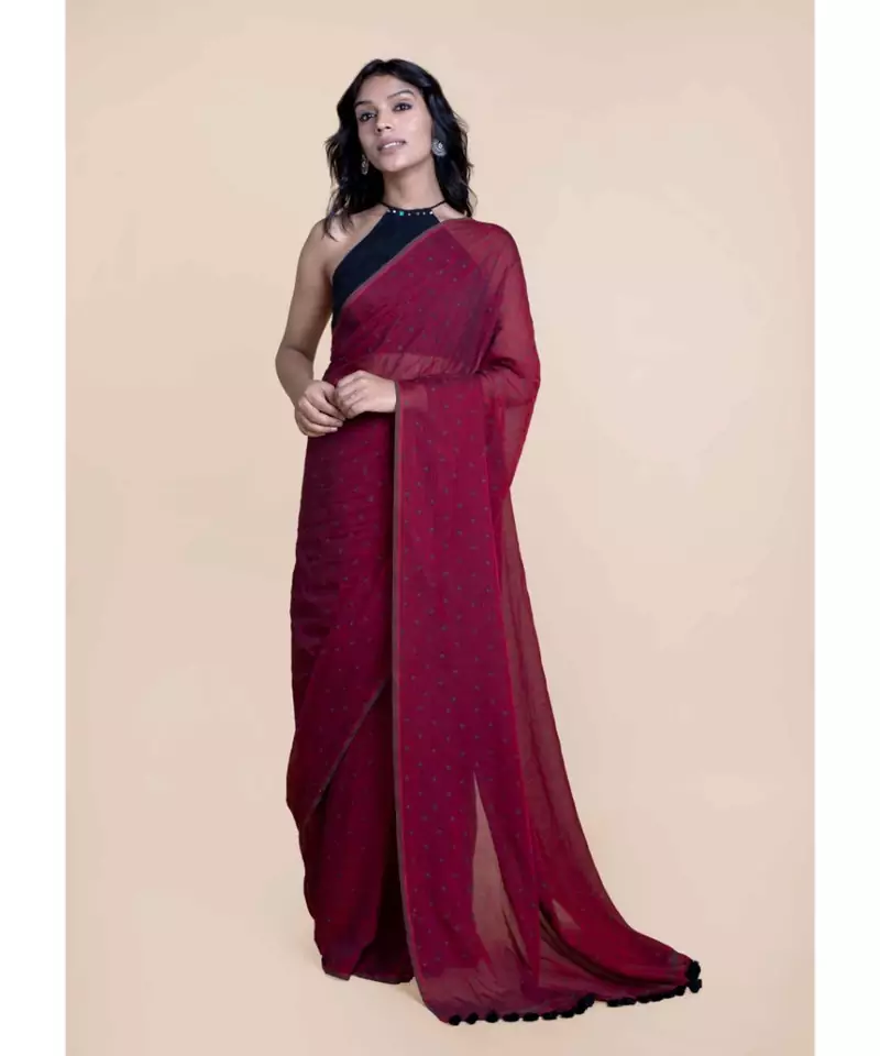 Maroon Polka Dots Pure Cotton Saree