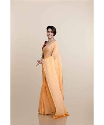 Mustard Polka Dots Pure Cotton Saree 3