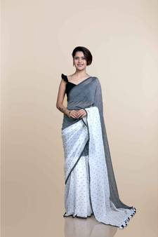White And Grey Polka Dots Pure Cotton Saree