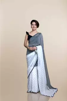 White And Grey Polka Dots Pure Cotton Saree