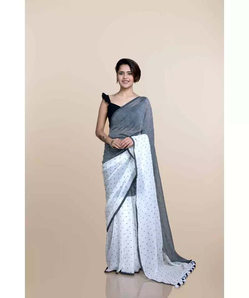 White And Grey Polka Dots Pure Cotton Saree
