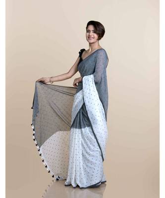 White And Grey Polka Dots Pure Cotton Saree 2