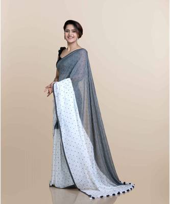 White And Grey Polka Dots Pure Cotton Saree 3