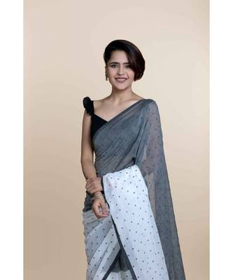 White And Grey Polka Dots Pure Cotton Saree 4