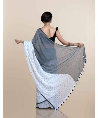 White And Grey Polka Dots Pure Cotton Saree 5