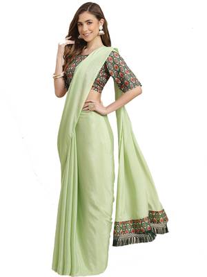 Light green plain chiffon saree with blouse 1