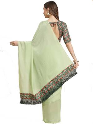 Light green plain chiffon saree with blouse 2