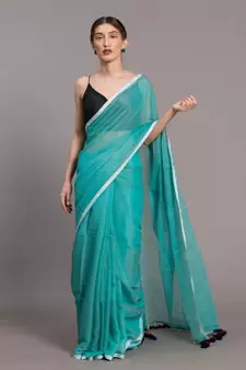 Suta Women Turquoise Blue Sheers Solid Saree