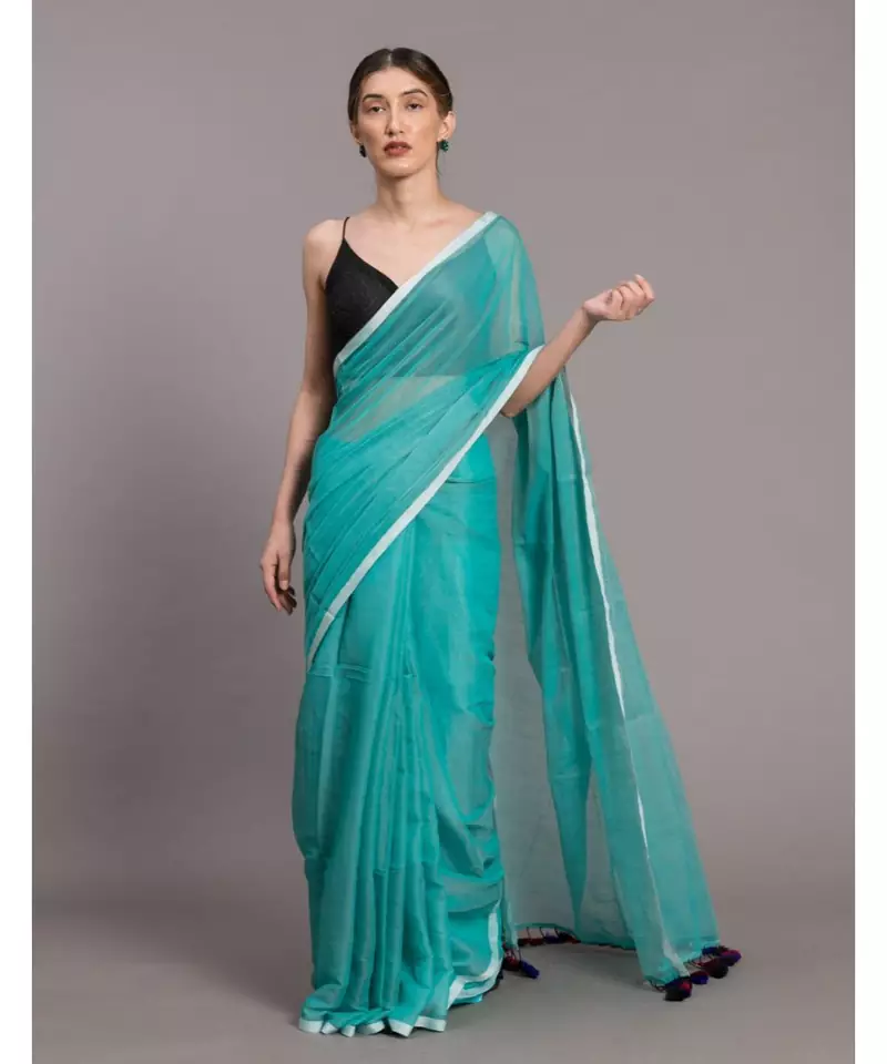 Suta Women Turquoise Blue Sheers Solid Saree