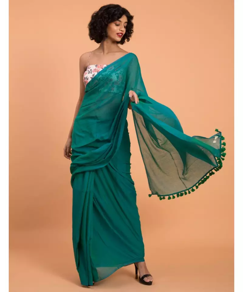 Suta Teal Blue Pure Cotton Solid Saree