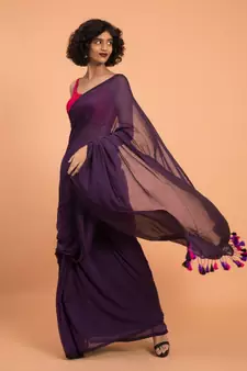 Suta Women Purple & multicoloured tasseled Pure Cotton solid Saree