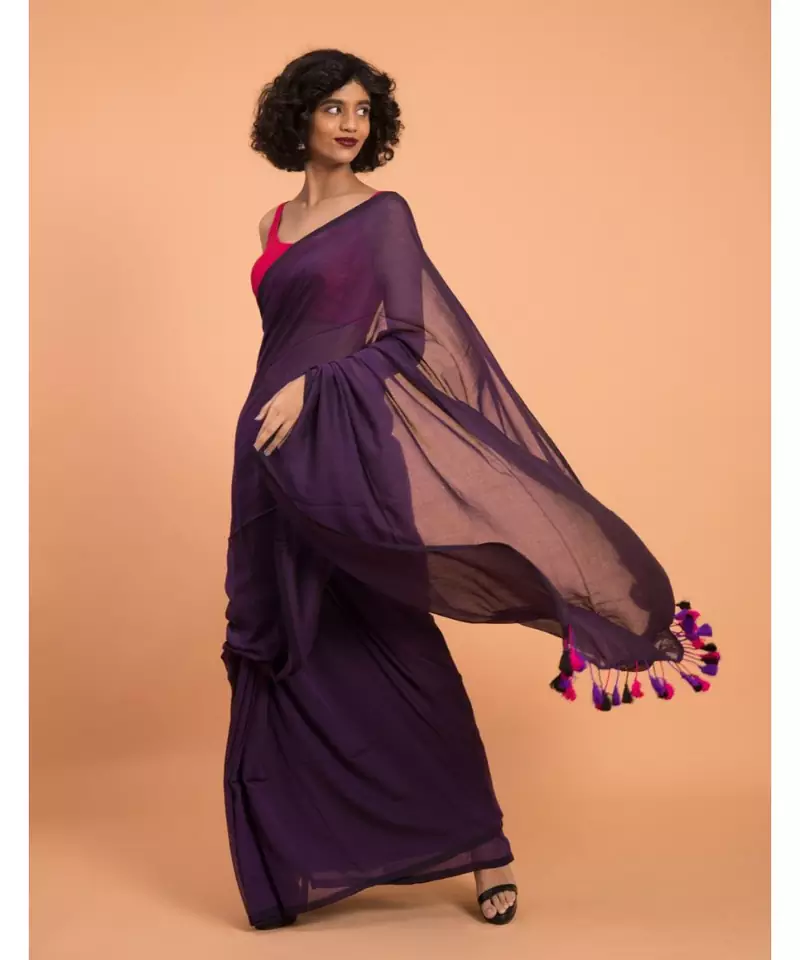 Suta Women Purple & multicoloured tasseled Pure Cotton solid Saree