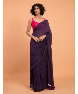 Suta Women Purple & multicoloured tasseled Pure Cotton solid Saree 2