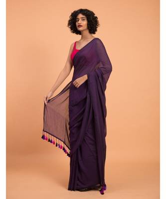 Suta Women Purple & multicoloured tasseled Pure Cotton solid Saree 3