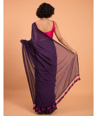 Suta Women Purple & multicoloured tasseled Pure Cotton solid Saree 4