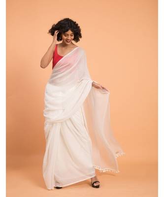 Suta Women White Solid Pure Cotton Saree 1