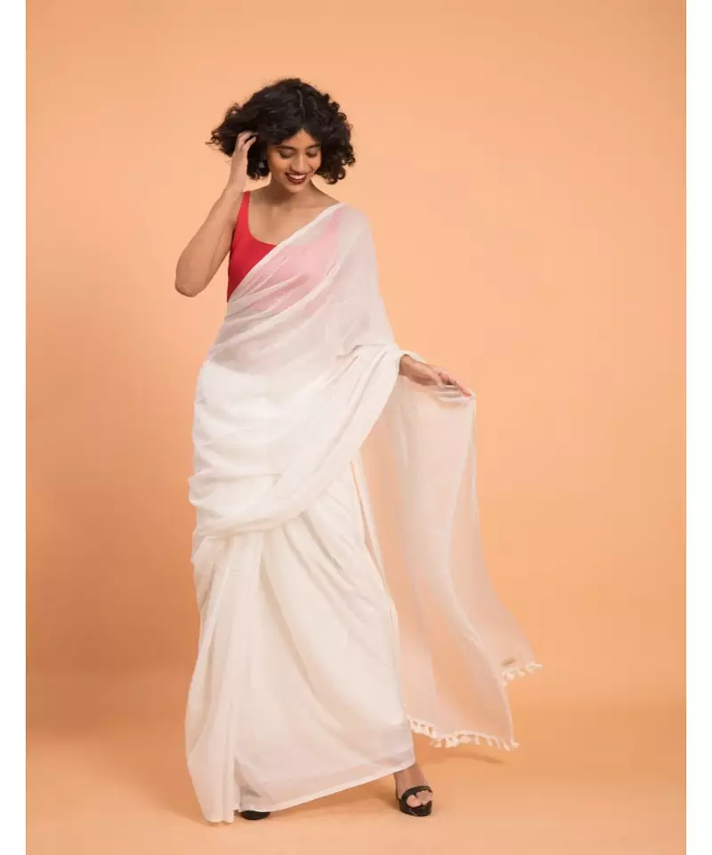 Suta Women White Solid Pure Cotton Saree